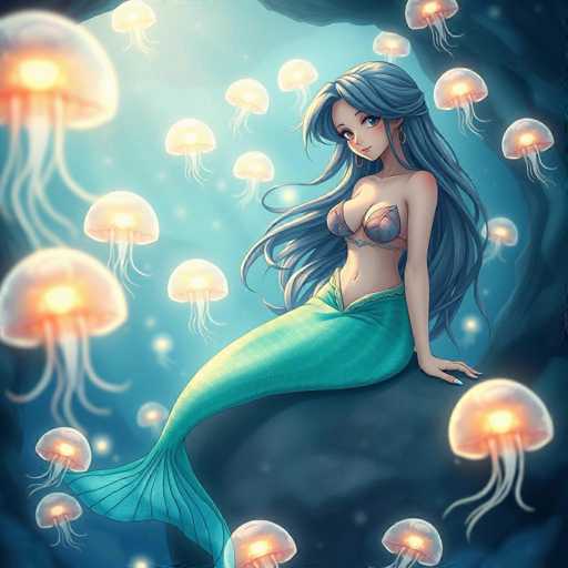 A mermaid with long blue hair is depicted sitting on a rock in the ocean surrounded by numerous jellyfish of varying sizes and colors including white, pink, orange, and purple hues.