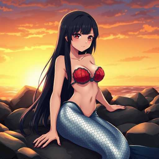 A woman with long dark hair is depicted as a mermaid sitting on rocks at sunset. She is wearing a red bikini top and has her arms crossed over her chest. The background features an orange sky and the ocean in the distance.