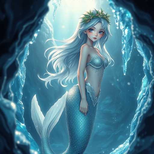 A digital illustration of a mermaid with long white hair and blue skin standing on her back legs against a backdrop of ice and water. The mermaid is wearing a crown made of flowers and has a wreath around her neck.