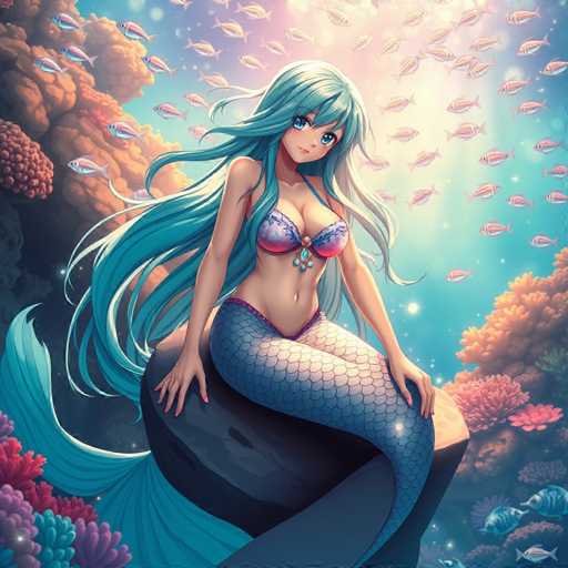The image depicts a mermaid with long blue hair and a pink bikini top sitting on a rock surrounded by an underwater coral reef filled with fish. The background is a deep blue color that resembles the ocean's surface, creating a serene and tranquil atmosphere.