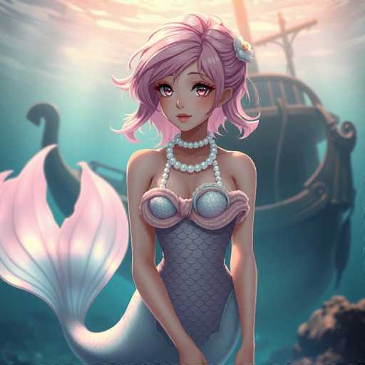 The image depicts a young girl with pink hair and a pearl necklace standing on the ocean floor next to an old shipwreck. The background is filled with blue water and a large shipwreck in the distance.