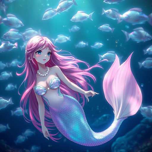 A mermaid with long pink hair and a pearl necklace is swimming among a school of fish in the ocean.
