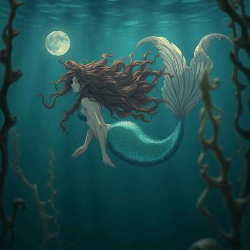 A mermaid with long brown hair is swimming through a deep blue ocean under the moonlight. The mermaid's tail is white and her body is covered in green scales.