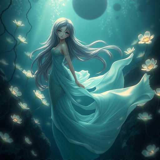 A beautiful girl with long blonde hair is standing on a rock in the middle of an underwater world filled with white flowers and plants. She is wearing a blue dress that flows behind her as she moves through the water. The background features a deep blue color, which contrasts with the lighter shades of the flowers and plants surrounding her.