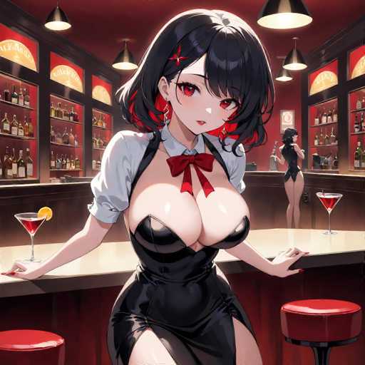 The image depicts an anime character with a black dress and red hair, standing on the bar counter of a bar. The character is holding a martini glass filled with a red liquid. Behind her, there are shelves stocked with various bottles of alcohol.