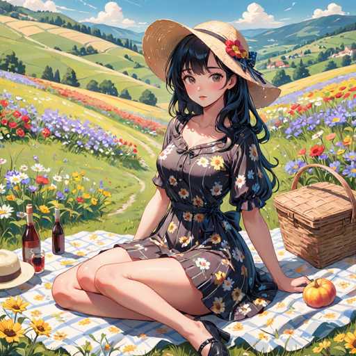 A woman is sitting on a blanket in a field with flowers and trees. She is wearing a black dress with white flowers and a straw hat. There are two bottles of wine next to her on the blanket.