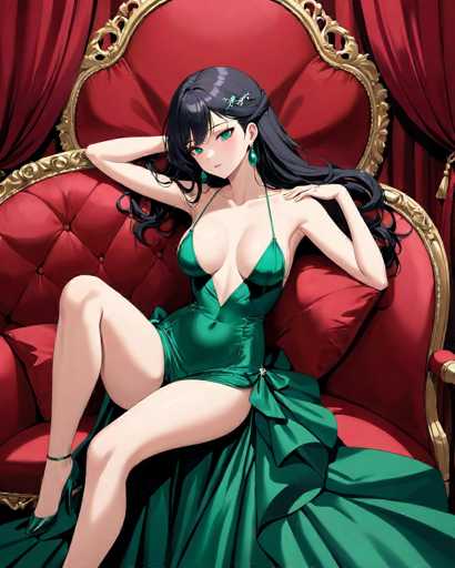 A woman with long dark hair is seated on a red velvet chair, wearing a green dress and gold earrings. The background features a red curtain and a gold frame around the window.