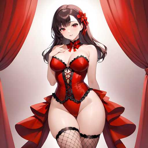 The image depicts a woman wearing a red corset and stockings with a black lace bodice and ruffled skirt. She is standing against a white background, which contrasts with her vibrant attire. The woman has long dark hair styled in loose waves that fall over her shoulders. A red flower adorns her head, adding to the overall elegance of her appearance.
