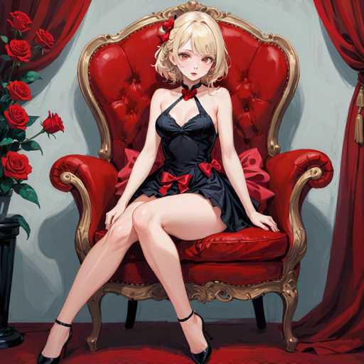 A woman with blonde hair and blue eyes is seated on a red velvet chair with gold accents, wearing a black dress and red heels. The room features a large window with curtains and roses in the background.