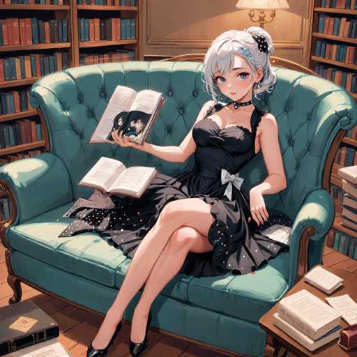 A woman is sitting on a blue couch with her legs crossed and holding an open book. She is wearing a black dress with white polka dots and has a bow in her hair. The room around her features bookshelves filled with various books of different sizes and colors.