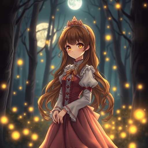 A young girl with long brown hair is standing in a forest at night, wearing a red dress and a crown on her head. The trees around her have glowing yellow leaves that cast an ethereal glow, creating a magical atmosphere.