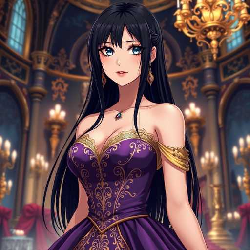 A woman with long dark hair is standing in a grand room filled with gold and red decorations. She is wearing a purple dress adorned with gold embroidery that flows down to her feet. The room has a high ceiling with ornate decorations on the walls, including chandeliers hanging from the center of the room.