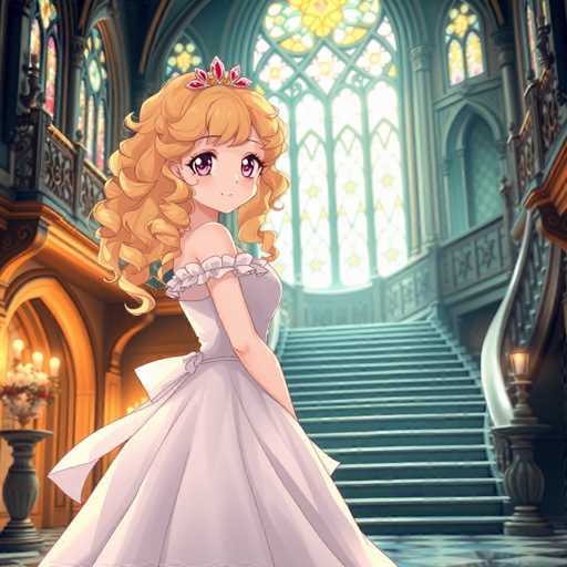 A young girl with curly hair is standing on a staircase in front of a large window that leads up to the ceiling. She is wearing a white dress and a tiara. The room has a blue color scheme and features a chandelier hanging from the ceiling.