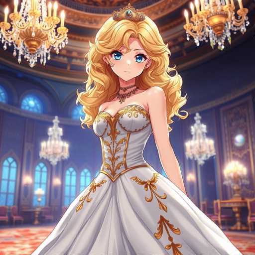 A beautiful blonde girl with blue eyes is standing in a grand room filled with chandeliers and ornate decorations. She is wearing a white dress adorned with gold accents that flows down to her feet. The room has a high ceiling and large windows that let in ample light, creating an atmosphere of elegance and opulence.