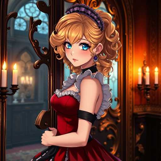 A woman with blonde hair and blue eyes is standing in front of a mirror wearing a red dress and a black headband. The room has an ornate design featuring gold accents and chandeliers hanging from the ceiling.