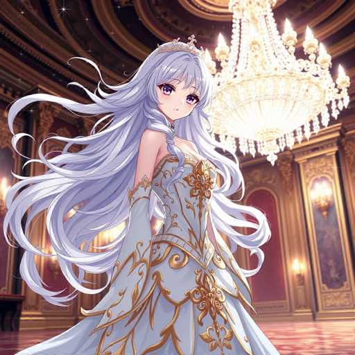 A beautiful girl with long blonde hair is standing in a grand room filled with chandeliers and ornate decorations. She is wearing a stunning blue dress adorned with gold accents that sparkles under the light. The girl's gaze is directed towards the camera, and she appears to be in a state of awe or admiration for her surroundings.