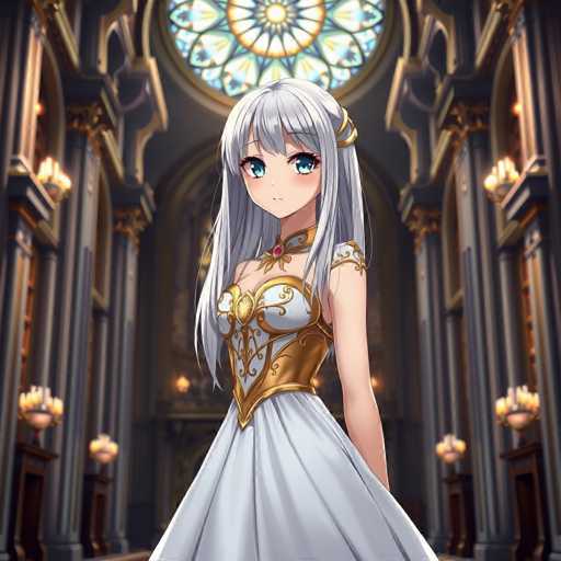 A young girl with long blonde hair and blue eyes stands in a grand room filled with columns and arches, wearing a white dress adorned with gold accents and a gold necklace. The room is illuminated by candles on the walls, creating an atmosphere of elegance and tranquility.