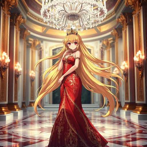 A woman with long blonde hair is standing in a grand room with gold columns and a chandelier hanging from the ceiling. She is wearing a red dress with gold embroidery on the bodice and skirt. The background features white walls adorned with gold accents, creating an opulent atmosphere.