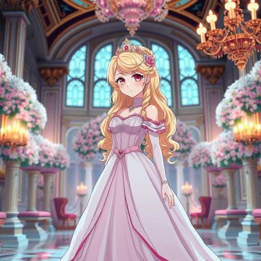 A young girl with blonde hair is standing in a grand room filled with pink and white flowers. She is wearing a pink dress that matches the color scheme of the room. The room has high ceilings and large windows, giving it an airy feel. There are several chairs arranged around the room, suggesting a place for guests to sit and enjoy the beauty of the space.