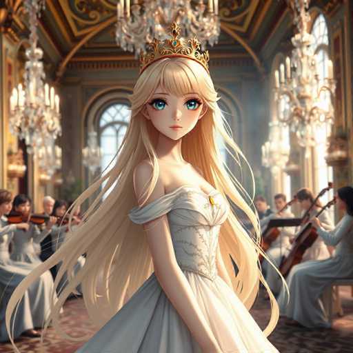 The image depicts a young girl with blonde hair and blue eyes standing in the center of an ornate room filled with chandeliers. She is wearing a white dress adorned with gold accents and a crown on her head. The room has high ceilings and large windows that allow natural light to flood in, creating a warm and inviting atmosphere. In the background, there are other people present, but they are blurred out, drawing focus to the girl in the center of the image.