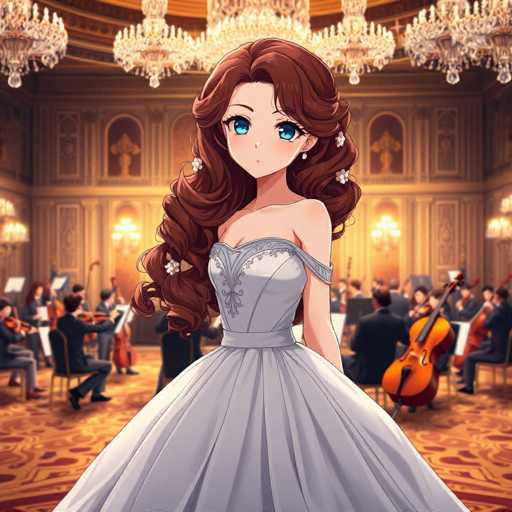 A young girl with long brown hair and blue eyes stands in a grand room filled with people dressed in formal attire. She is wearing a white dress that contrasts with the gold accents of the room. The girl's gaze is directed towards the camera, creating an engaging visual narrative.