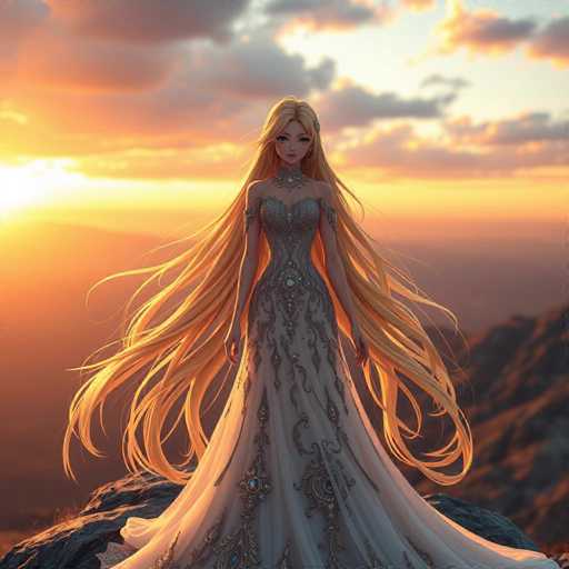 A woman with long blonde hair is standing on a cliff overlooking a valley at sunset. She is wearing a white dress with silver accents and has her arms outstretched towards the sky. The colors in the image are predominantly orange and yellow, reflecting the warm hues of the setting sun.