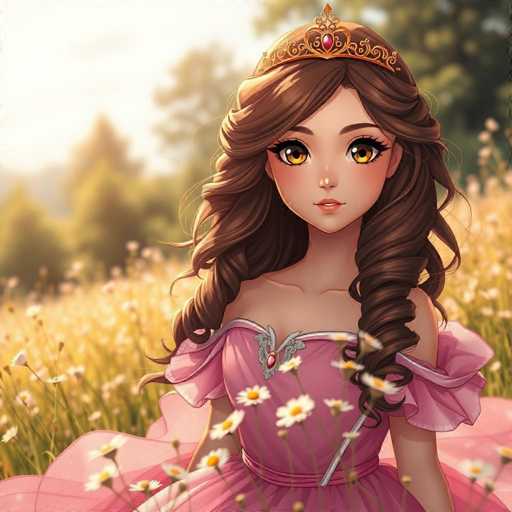 A young girl with long brown hair is the main subject of this digital illustration. She's wearing a pink dress adorned with white flowers and a gold tiara on her head. The background features a field filled with daisies in various shades of yellow and white.