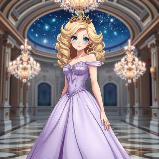 A cartoon girl with blonde hair and blue eyes is standing in a grand room with white walls and gold accents. She is wearing a purple dress that matches the color of the chandeliers hanging from the ceiling. The girl is looking directly at the camera, her face lit up with a smile.