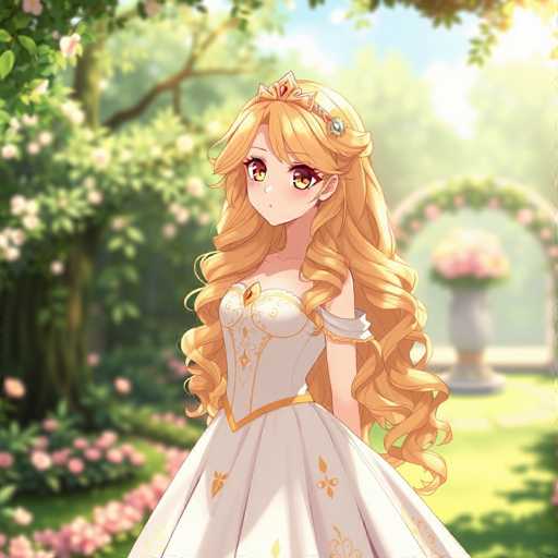 A beautiful girl with long blonde hair is standing in a garden surrounded by pink and white flowers. She is wearing a white dress adorned with gold accents and a tiara on her head. The background features trees and bushes, creating a serene and picturesque setting for the girl's presence.