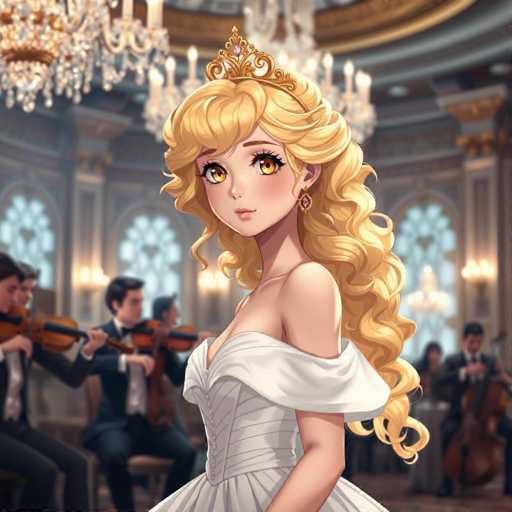 The image depicts a woman with blonde hair wearing a white dress and a gold crown on her head, standing in front of a group of people who appear to be musicians playing instruments such as violins and cellos. The setting is an indoor room with chandeliers hanging from the ceiling, creating a grand atmosphere.