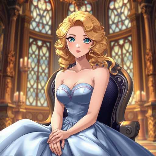A woman with blonde hair and blue eyes is seated on a chair in front of a window adorned with gold curtains. She is wearing a blue dress that matches the color of her hair. The background features a castle-like structure with intricate designs and patterns, suggesting an opulent setting.