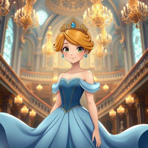 A cartoon girl with blonde hair and blue eyes is standing in a grand room with a high ceiling adorned with gold chandeliers. She is wearing a blue dress that matches the color of the sky outside the window behind her. The girl's face is lit up with a smile, and she holds a crown on her head.