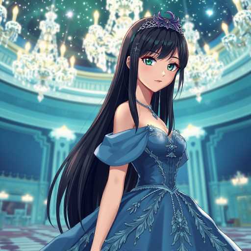 A young girl with long dark hair is standing in a grand room filled with chandeliers and ornate decorations. She is wearing a blue dress adorned with gold accents that sparkles under the light. The girl's gaze is directed off to the side, and she holds a parasol in her hand.