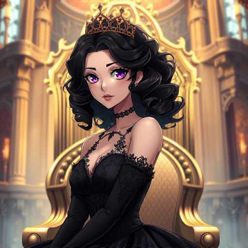 The image depicts a young girl with long dark hair wearing a black dress and a gold crown on her head. She is seated in a golden throne-like chair, which is the central focus of the scene. The background features an ornate building adorned with intricate designs, adding to the regal atmosphere of the setting.