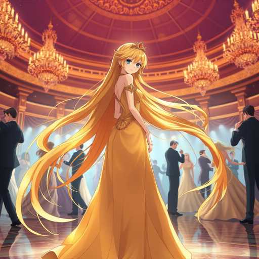 The image depicts an anime character with long blonde hair wearing a gold dress and tiara standing on a stage at a ballroom event. The room is filled with people dressed in formal attire, creating a festive atmosphere.