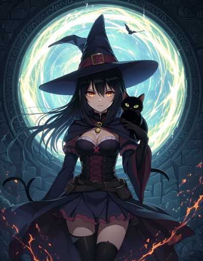 A woman with long dark hair is standing against a blue background that features a large circular window and flames. She is wearing a black dress and a purple cape, which adds to the overall dark theme of the image. The woman has a cat perched on her shoulder, suggesting they are companions in this scene.