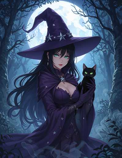 A witch with long dark hair and a purple dress holding a black cat is standing against the backdrop of a full moon surrounded by trees.