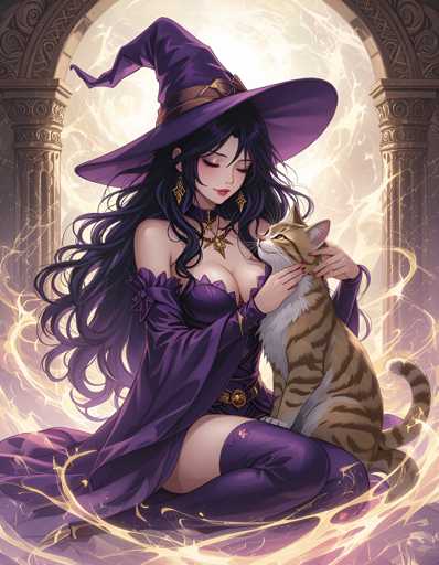 A woman dressed as a witch is sitting on the ground with her cat beside her. The cat has a striped pattern and is looking up at the woman.
