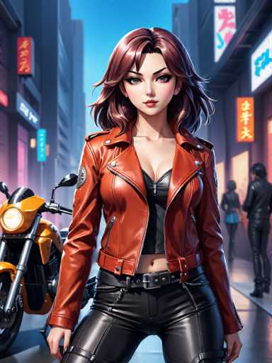 The image depicts a woman standing on a city street wearing a red leather jacket and black pants with her hands in her pockets. Behind her is an orange motorcycle parked next to a building adorned with neon signs.