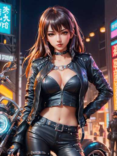The image depicts a woman wearing a leather jacket and pants standing next to a motorcycle on a city street at night. The background shows the glow of neon signs from various shops lining the street.