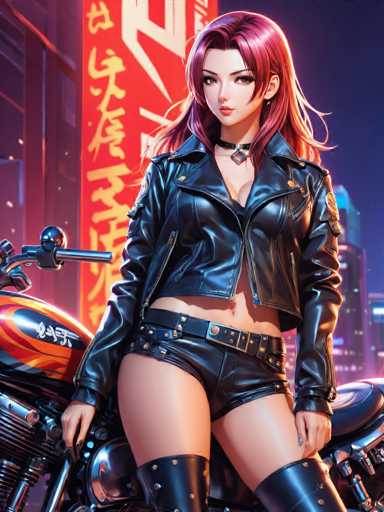 The image depicts a woman with red hair and black boots posing on a motorcycle. She is wearing a black leather jacket and shorts, giving her a biker aesthetic. The background shows an urban cityscape at night, with neon lights illuminating the scene.