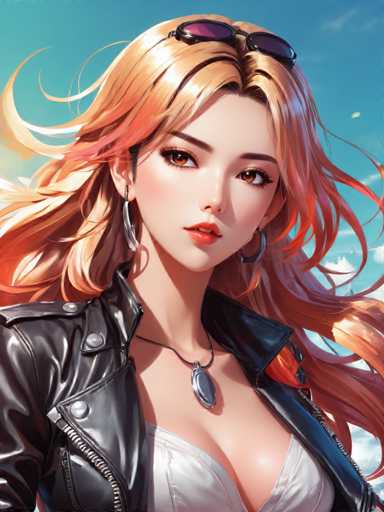 The image shows an illustration of a woman with blonde hair and red eyes wearing sunglasses and a black leather jacket. The background is a light blue color that contrasts with the woman's outfit.