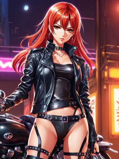 A woman with red hair and a black leather jacket stands confidently next to two motorcycles on the street at night.