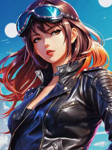 A woman with long brown hair is wearing a black leather jacket and goggles, standing against a blue sky with white clouds.