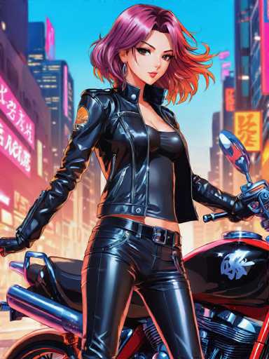 The image depicts a female character with vibrant purple hair and an edgy leather jacket standing next to a motorcycle on a city street at night. The background features neon signs and buildings, creating a bustling urban atmosphere.