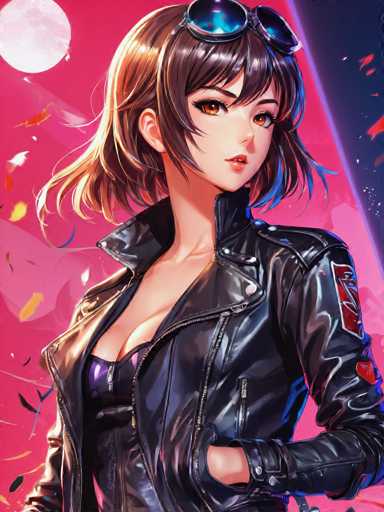 A woman with brown hair and a black leather jacket is standing against a pink background that features a full moon and falling leaves.