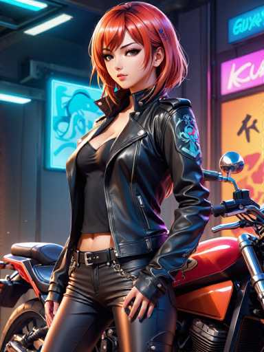 A woman with red hair is standing next to a motorcycle in front of a neon sign that reads "GUY". She is wearing a black leather jacket and pants, and the background features a gray wall with a neon sign that says "KUUMI".
