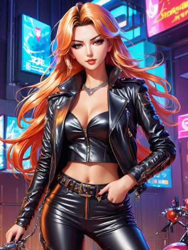 A woman with long red hair is standing in front of a neon sign that reads "BAR". She's dressed in a black leather jacket and pants, giving her an edgy appearance. The background features a cityscape with buildings illuminated by bright lights, creating a vibrant atmosphere.
