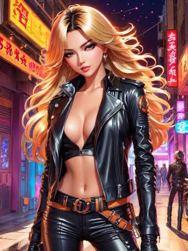The image depicts a woman with blonde hair wearing a black leather jacket and pants standing on a city street at night. She is positioned in front of a building adorned with neon signs that glow brightly against the dark sky. The background features buildings and other people walking along the sidewalk, creating an urban atmosphere.