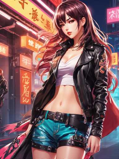 The image depicts a woman with long brown hair wearing a black leather jacket and blue shorts standing on a city street at night. She is holding a pink purse in her left hand while looking directly at the camera. The background features neon signs and buildings that contribute to the urban atmosphere of the scene.